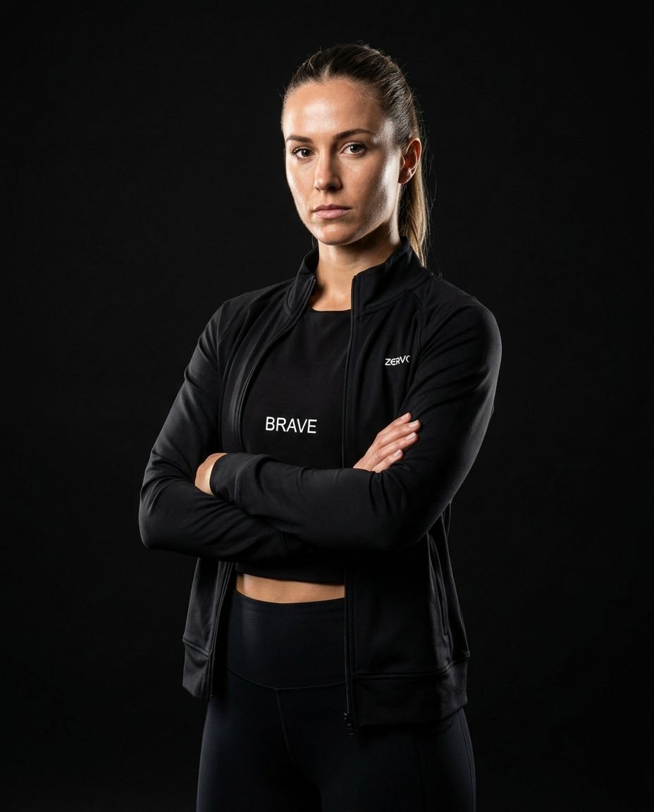Atleta con top BRAVE y chaqueta negra sobre fondo negro