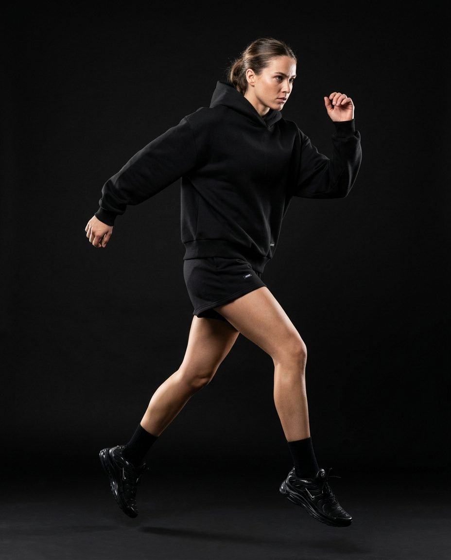Atleta en movimiento con hoodie y short negros ZERVO sobre fondo negro